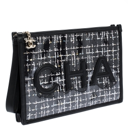 Pre Owned Chanel Black PVC and Tweed Logo Zip Pouch 
