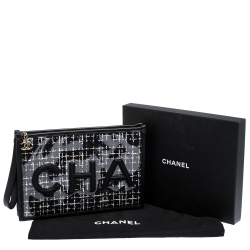 Pre Owned Chanel Black PVC and Tweed Logo Zip Pouch 