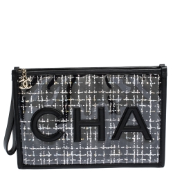 Pre Owned Chanel Black PVC and Tweed Logo Zip Pouch 