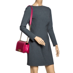 Pre Owned Chanel Magenta Leather Medium Chain Around Boy Flap Bag