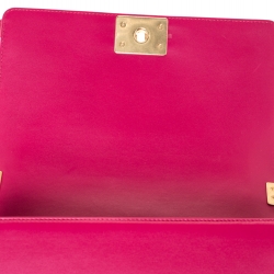 Pre Owned Chanel Magenta Leather Medium Chain Around Boy Flap Bag