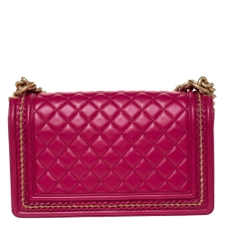Pre Owned Chanel Magenta Leather Medium Chain Around Boy Flap Bag