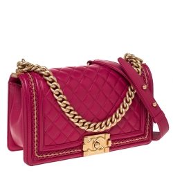 Pre Owned Chanel Magenta Leather Medium Chain Around Boy Flap Bag