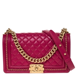 Pre Owned Chanel Magenta Leather Medium Chain Around Boy Flap Bag