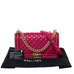 Pre Owned Chanel Magenta Leather Medium Chain Around Boy Flap Bag