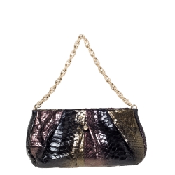 Pre Owned Chanel Metallic Multicolor Pleated Python CC Chain Frame Bag