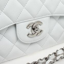 Pre Owned Chanel White Caviar Jumbo Flap Bag