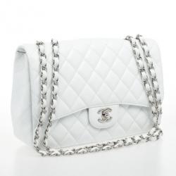 Pre Owned Chanel White Caviar Jumbo Flap Bag