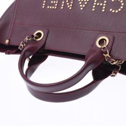 Pre Owned Chanel Bordeaux Leather Deauville Studded Logo Tote Bag