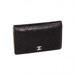 Chanel Black Embossed Leather Camellia Bifold Flap Wallet