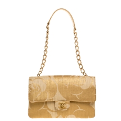 Chanel Gold Camellia Print Raffia Medium Classic Single Flap Bag Chanel