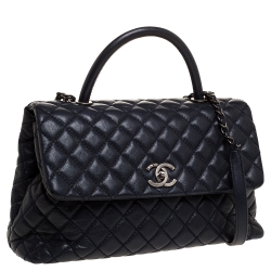 Pre Owned Chanel Navy Blue Caviar Leather Coco Top Handle Bag