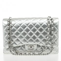 Pre Owned Chanel Silver Lambskin Maxi Flap