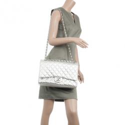 Pre Owned Chanel Silver Lambskin Maxi Flap