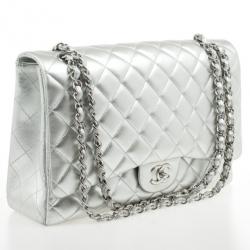 Pre Owned Chanel Silver Lambskin Maxi Flap