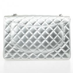 Pre Owned Chanel Silver Lambskin Maxi Flap