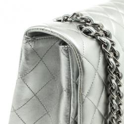 Pre Owned Chanel Silver Lambskin Maxi Flap