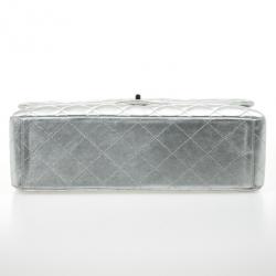Pre Owned Chanel Silver Lambskin Maxi Flap