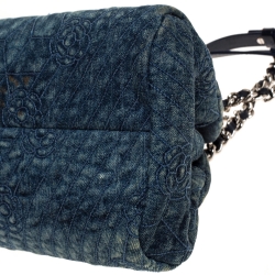 Pre Owned Chanel Blue Camellia Embroidered Denim Just Mademoiselle Bowling Bag