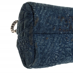 Pre Owned Chanel Blue Camellia Embroidered Denim Just Mademoiselle Bowling Bag