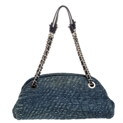 Pre Owned Chanel Blue Camellia Embroidered Denim Just Mademoiselle Bowling Bag