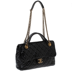 Pre Owned Chanel Black Quilted Glazed Leather Medium Castle Rock Top Handle Bag