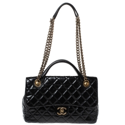 Pre Owned Chanel Black Quilted Glazed Leather Medium Castle Rock Top Handle Bag