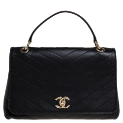 Pre Owned Chanel Black Chevron Leather Medium Chic Flap Bag