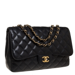 مملوكة مسبقًا Chanel Black Quilted Caviar Leather Jumbo Classic Single Flap Bag