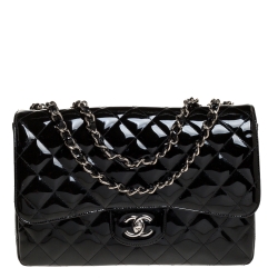 Pre Owned Chanel Black Quilted Patent Leather Jumbo Classic Single Flap Bag
