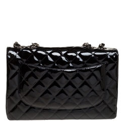 Pre Owned Chanel Black Quilted Patent Leather Jumbo Classic Single Flap Bag