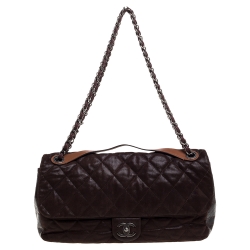 Pre Owned Chanel Dark Brown Iridescent and Crinkled Leather Easy Carry Flap Bag