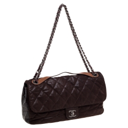 Pre Owned Chanel Dark Brown Iridescent and Crinkled Leather Easy Carry Flap Bag