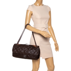 Pre Owned Chanel Dark Brown Iridescent and Crinkled Leather Easy Carry Flap Bag