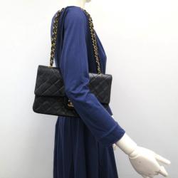 Pre Owned Chanel Black Lambskin Medium Flap Bag 