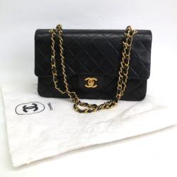 Pre Owned Chanel Black Lambskin Medium Flap Bag 
