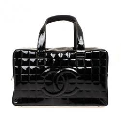 Pre Owned Chanel Black Patent Cube Quilted East West Tote