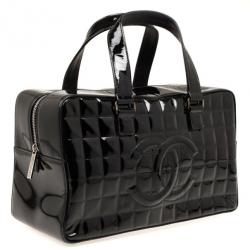 Pre Owned Chanel Black Patent Cube Quilted East West Tote