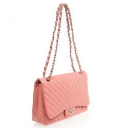 Pre Owned Chanel Pink Patent Jumbo Chevron Flap Bag