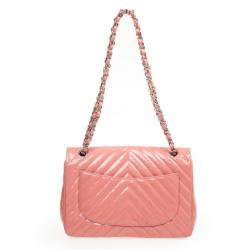 Pre Owned Chanel Pink Patent Jumbo Chevron Flap Bag