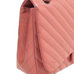 Pre Owned Chanel Pink Patent Jumbo Chevron Flap Bag