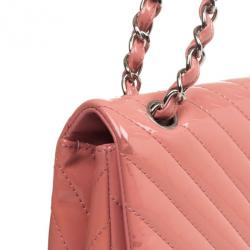 Pre Owned Chanel Pink Patent Jumbo Chevron Flap Bag