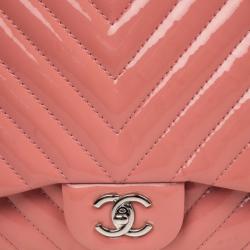 Pre Owned Chanel Pink Patent Jumbo Chevron Flap Bag