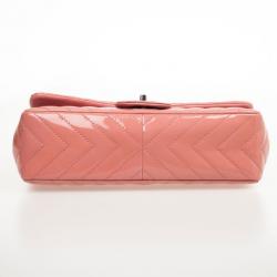 Pre Owned Chanel Pink Patent Jumbo Chevron Flap Bag