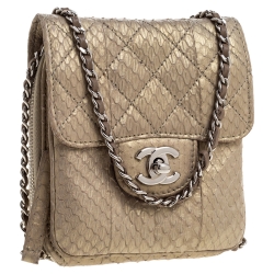 مملوكة مسبقًا Chanel Beige Shimmer Python Zip Around Square Chain Bag