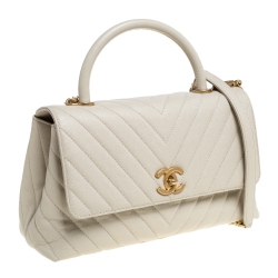 Pre Owned Chanel White Quilted Caviar Leather Small Coco Top Handle Bag