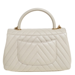 Pre Owned Chanel White Quilted Caviar Leather Small Coco Top Handle Bag