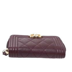 Pre Owned Chanel Burgundy Quilted Caviar Leather Boy Zip-Around Coin Purse