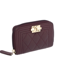Pre Owned Chanel Burgundy Quilted Caviar Leather Boy Zip-Around Coin Purse