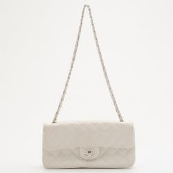 Pre Owned Chanel White Quilted Lambskin Leather East/West Classic Flap Bag